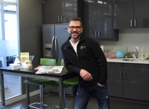 MIchael Lazaruk in lunch room, Ellerslie Family Law, Personal Injury law